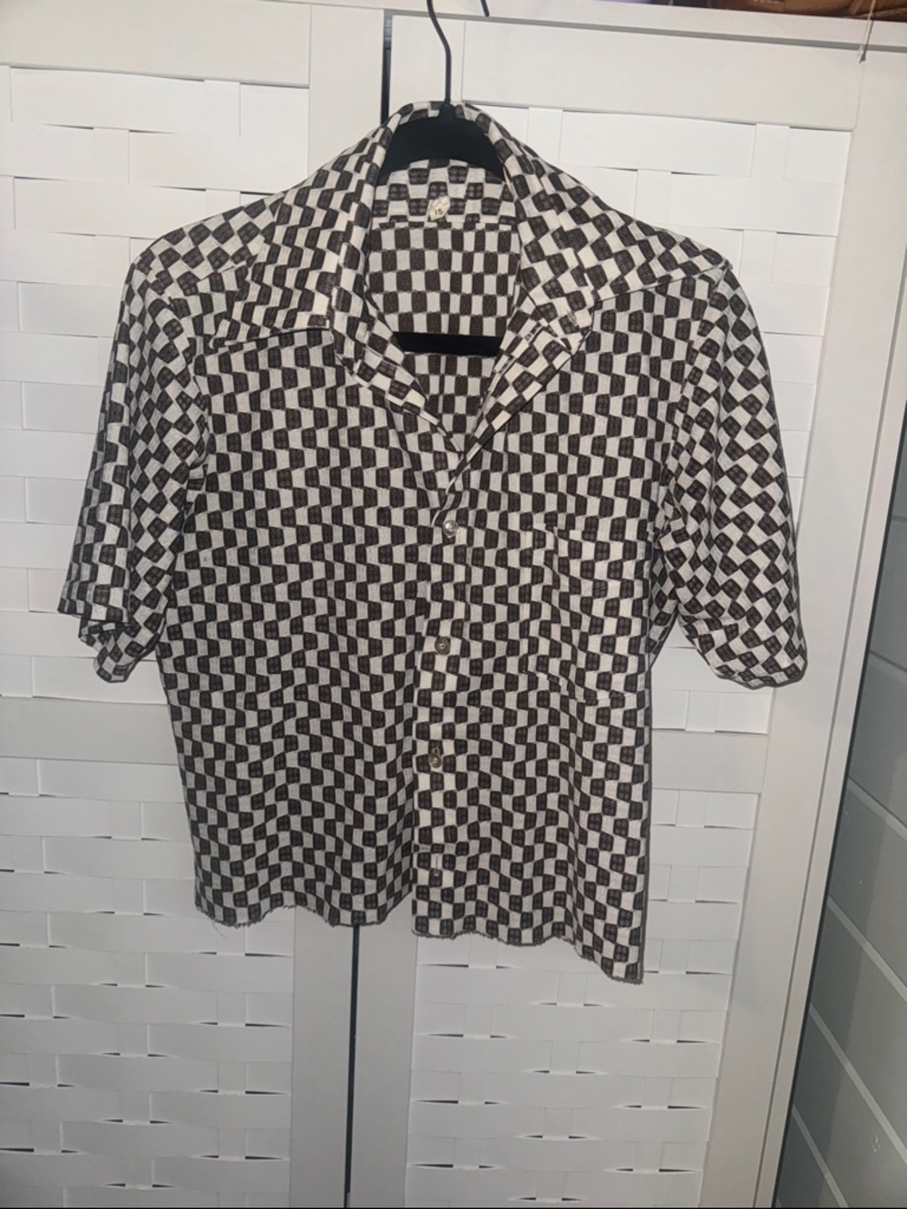 Brown and White Checker Short Sleeve Button-Up Shirt